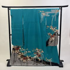 中振袖 振袖 正絹 中古品 巾広 緑 緑色 エメラルドグリーン 8S109 HACY777000