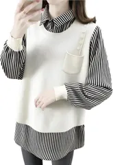 Four leaf 1枚で主役級 重ね着風 トップス レディース 長袖 チュニック 異素材 ミックス レイヤード風 ニットベスト ストライプ ブラウス シャツ 襟付き 縦縞 おしゃれxモダン(ホワイト,  Free Size)