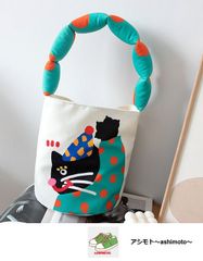 ☆新品未使用「送料込」猫好き必見！//キュート//もこもこ//かわいい//手提げ袋//コンパクト//グリーン//20