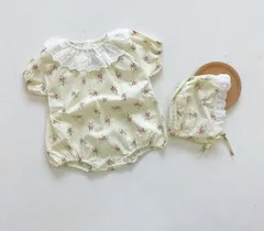 70～90 花柄　ロンパース　ボンネット付き