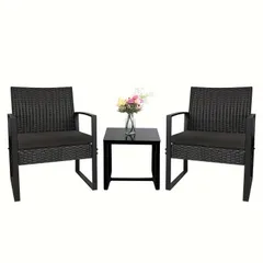 ガーデン椅子セット ガーデンファニチャー アレバート 3ピース 3点セット パティオ家具セット 小型屋外ウィッカーラタン フロントポーチビストロセット クッション付きパティオチェア 会話セット ガラステーブル 芝生 庭 裏庭 バルコニー プールサイド ブラック