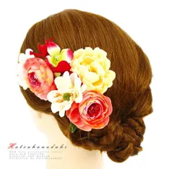 髪飾り 成人式 赤 振袖 袴 花 浴衣 夏祭り 花火大会 3点セット 白 サーモンピンク 椿 薔薇 ヘアアクセ かんざし 卒業式 結婚式 No.9-3265