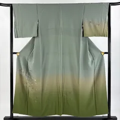 付下げ 身丈153cm 裄丈64cm M 袷 鳥 草花 刺繍 金糸 灰緑 正絹 秀品 【中古】