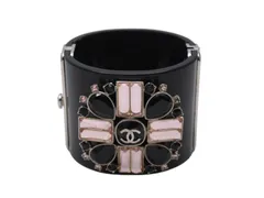 CHANEL シャネル ココマーク バングル ブレスレット 08C刻印 プラスチック メタル ブラック ラインストーン ピンク シルバー金具 美品 中古 4b002439