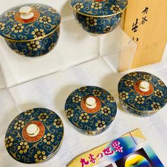 ☆未使用 赤絵花鳥 ガラスデザート鉢揃 和食器 龍峰窯 高台小鉢 輪花鉢