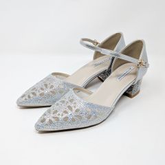 パンプス シルバー 結婚式 チャンキーヒール 花柄 カットデザイン ラメ グリッター アンクルストラップ ポインテッドトゥ レディース haremode 3426