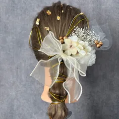 【金箔付き】卒業式成人式結婚式　前撮り　着物　和装髪飾り　かすみ草ドライフラワー　オーガンジーリボンのヘッドドレス　フォトウェディング