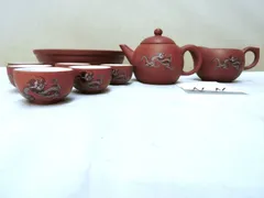 古董古玩！【茶器セット　急須　湯飲み　湯冷まし 　キレイ　中国 　龍文・NN・茶器　茶道具 】◆品格有り　朱泥　朱砂　壷 茶碗