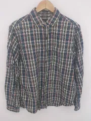 ◇ ◎ BEAMS ビームス チェック スタンドカラー 長袖 シャツ カットソー サイズL ネイビー オフホワイト系 マルチ メンズ E  【1307250036377】