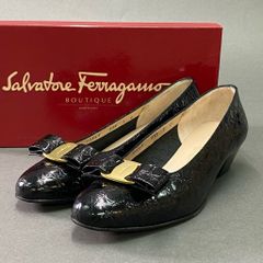 3e10 《美品》 Salvatore Ferragamo サルヴァトーレ フェラガモ VARA ヴァラリボン クロコ パンプス 7 ブラック レザー シューズ 革靴 箱付き