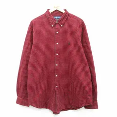XL/古着 ラルフローレン 長袖 ブランド シャツ メンズ 90s ワンポイントロゴ 大きいサイズ ロング丈 コットン ボタンダウン 赤他 レッド チ