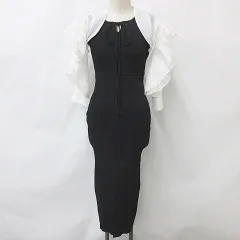 リリーブラウン Lily Brown ワンピース 2WAY レイヤーワンピ ロング ノースリーブ ニット フリル 七分袖 リボン パーティー 黒 白 ホワイト アイボリー ブラック F