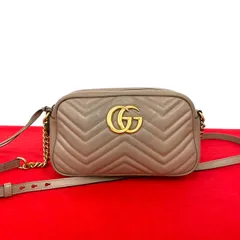極 美品 GUCCI グッチ GG マーモント キルティング レザー 本革 チェーン ショルダーバッグ ポシェット サコッシュ ピンクベージュ 28112