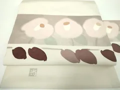 名古屋帯 【高久尚子】臈纈染め 正絹 塩瀬 お太鼓柄 山風景 薄灰色 開き仕立て 楽天市場】高久尚子桜並木の風景手描蝋纈染 開名古屋帯【中古