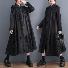 春 文芸 ミディアム スカート ポロ襟 黒 シャツワンピース