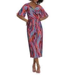 【送料無料】 マギーロンドン レディース ワンピース トップス Printed Surplice V-Neck Short Sleeve Faux Wrap Midi Dress Navy/Burgundy