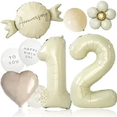 【新品】 deerzon くすみホワイト 12歳 くすみカラー 数字 バルーン 誕生日 飾り付け 10点 セット 大きい 65cm くすみ ニュアンスカラー ナンバーバルーン バースデー 0