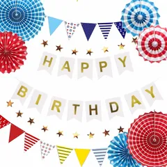 【新品】 誕生日 飾り付け セット 男の子 女の子 バースデー パーティー デコレーション セット ハッピーバースデー ガーランド Happy Birthday バナー ペーパーファン フラッグ 100日お祝い 飾り 部屋 撮影 ベビーシャワー 写真背景  1