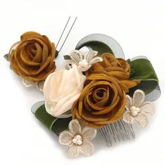 髪飾り ２点セット 黄色 リボン パール 成人式 花 和風 浴衣 着物 振袖 袴 ドレス 七五三 子供 キッズ 結婚式お呼ばれ 卒業式 入学式 コーム 髪留め ヘアアクセサリー 大きめ 日本製 送料無料 カラシ W 65 324-202 u970　Si