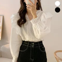 ブラウス レディース シャツ Vネック バルーン袖 刺繍 レース フリル 透かし彫り 長袖 トップス 体型カバー 無地 カジュアル きれいめcbrxx13