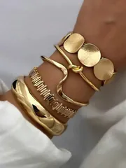 ジュエリー レディース ブレスレット バングル 5個セット ヴィンテージ夸張的なラグジュアリー幾何学デザイン ワイドメタルゴールドバングル、日常着用とギフトに適しています
