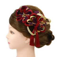 髪飾り 成人式 つまみ細工 赤 振袖 前撮り 袴 花 4点セット ワインレッド 紫 ゴールド ちりめん 玉飾り 組紐 房 房付き かんざ No.9-4928