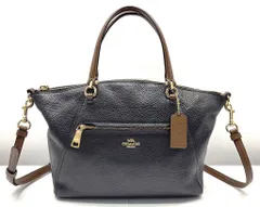 25k-281t【中古】COACH コーチ 2WAY ショルダー ハンドバッグ F88057 ペブルド レザー コントラスト トリム プレーリー　サッチェル ブラック × サドル レディース