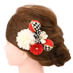 髪飾り 成人式 つまみ細工 赤 振袖 前撮り 袴 浴衣 夏祭り 花火大会 豪華5点セット 白 黒 ゴールド ちりめん 玉飾り 格子柄 ヘ No.9-4254