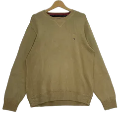 TOMMY HILFIGER/トミーヒルフィガー ニット セーター クルーネック 長袖 ワンポイント刺繡 オーバーサイズ ビッグシルエット BANGLADESH製 メンズ L ベージュ