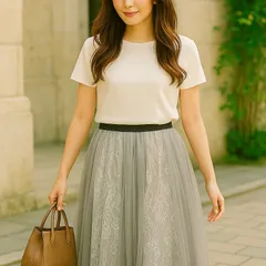 ＼可憐さと大人っぽさを両立✨／ トランテアンソンドゥモード＊ 31 Sons de mode＊ロングスカート＊レース×チュールデザイン＊マキシ丈スカート＊サイズ36＊Sサイズ相当＊グレー系✨