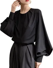 グリーンパキラ モード系 レディース ブラウス トップス シャツ パフスリーブ バルーン袖 長袖 丸首 きれいめ 女性 オフィスカジュアル 前開き ウーマン 襟なし 体型カバー 着痩せ おしゃれ(ブラック,  M)