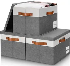 【迅速発送】GhvyenntteS 収納ボックス ふた付き 収納ケース 3個セット 大容量 衣類収納ボックス 折りたたみ式 収納ケース PUハンドルとソートラベル付き (グレー 38×28×24.7cm)