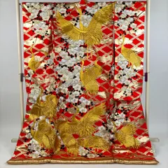 たんす屋 TANSU-YA 中古 リユース着物 打掛 赤 フォーマル 刺繍 金糸 鳳凰 梅 絹 未洗い 【身丈】182cm【裄丈】66.5cm MS3545