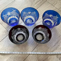切子グラス　昭和レトロ　5客　まとめセット！時代物　赤　青