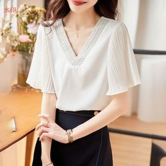 ブラウス レディース 半袖シャツ ブラウス 夏 トップス シフォン 可愛い カジュアル vネック フェミニン 大人 かわいい 通勤 通学