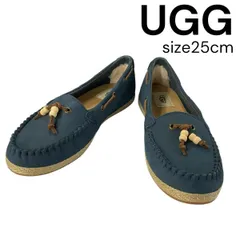 美品 アグ UGG フラットシューズ モカシン ローファー スゼット ネイビーブルー レザー 25cm レディース 5E010