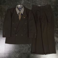 【JAPANESE VINTAGE】5点セット セレモニー ダブルスーツ セットアップ 上下 ブラウン系 成人式 卒業式 結婚式（ユーロピンズ＆シャツ＆ネクタイ おまけ）No.14