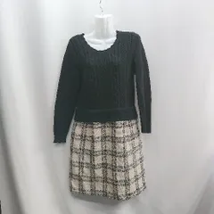 ◇ ⊇ Debut de Fiore デビュー・ド・フィオレ ニット 長袖 ひざ丈 ワンピース サイズ38 ブラック ベージュ レディース E  【1412260016261】