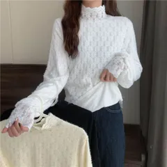 ふんわり袖 透かし編み メロウ トップス カットソー ニットソー セーター 袖あり 長袖 ボリューム袖 萌袖 ハイネック スタンドカラー レース シフォン フリル もこもこ ふわふわ 編み込み シースルー ニット かわいい 大人可愛い きれいめ カジュアル 大