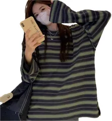 TaKiHuReO ボーダー レディース Tシャツ ロンT トップス カットソー 人気 定番 お洒落 カッコイイ 長袖 大きめ ゆったり 肌触り スリム 丸首 着痩せ 可愛い 部屋着(黒＆グリーン,  L)