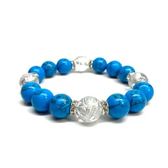 12mm 四神獣銀彫水晶×ターコイズ パワーストーン ブレスレット 運気上昇 開運 金運 健康運 厄除け お守り 青龍 白虎 玄武 朱雀 （シルバー）メンズ・レディース　男性・女性　数珠ブレス　開運 /1  [f]