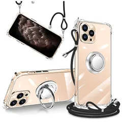 iPhone 11 Pro Max ケース クリア 透明 リング付き ショルダー 調節可能 肩がけ 首掛け 紐付き 斜めがけ スマホケース アイフォン 11 プロマックス ケース シリコン TPU ストラップホール付き 耐衝撃 傷防止 全面保護 カバー ( 1