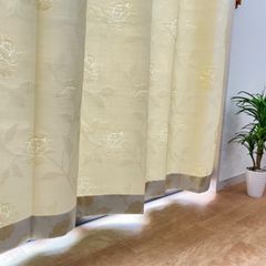 【非遮光カーテン】ジャガード織　花柄　植物柄　イエロー　巾100cm×丈135cm　2枚組