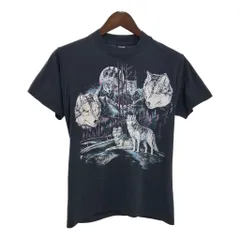90年代 USA製 アニマルプリント オオカミ 半袖Ｔシャツ ブラック(メンズ M)中古 古着 T6122