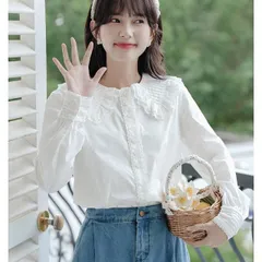 フレンチ ドールカラー トップス シャツ ブラウス 白トップス 袖あり 長袖 襟付き ストレート スタンダード レース フリル 前開き かわいい 大人可愛い きれいめ 上品 おしゃれ お洒落 ラブリー キュート ガーリー 主役級 無地 春 秋 誕生日 入学式 