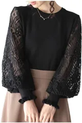 ONE UMB (ワン アンブ) ワンアンブ レース パフスリーブ ニット ブラウス セーター カットソー ニットソー トップス( ブラック,  M)