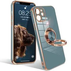 iphone12 ケース リング アイフォン12 カバー リング付き 耐衝撃 携帯カバー TPU 軽量 シリコン スタンド機能付き 360回転車載ホルダー 6.1インチ 一体型レンズ保護カバー (グレーブルー) 0