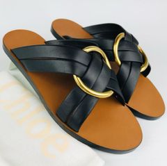 美品★Chloe・クロエ レディース レザー切替し メタルバックルクロスストラップ フラット サンダル（37）