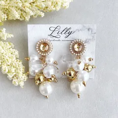 #886大ぶり/パール/ビジュー/ゴールド/揺れる/ビーズピアス/ハンドメイド