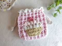 かぎ編み巾着袋　カップケーキ巾着　パステルピンク